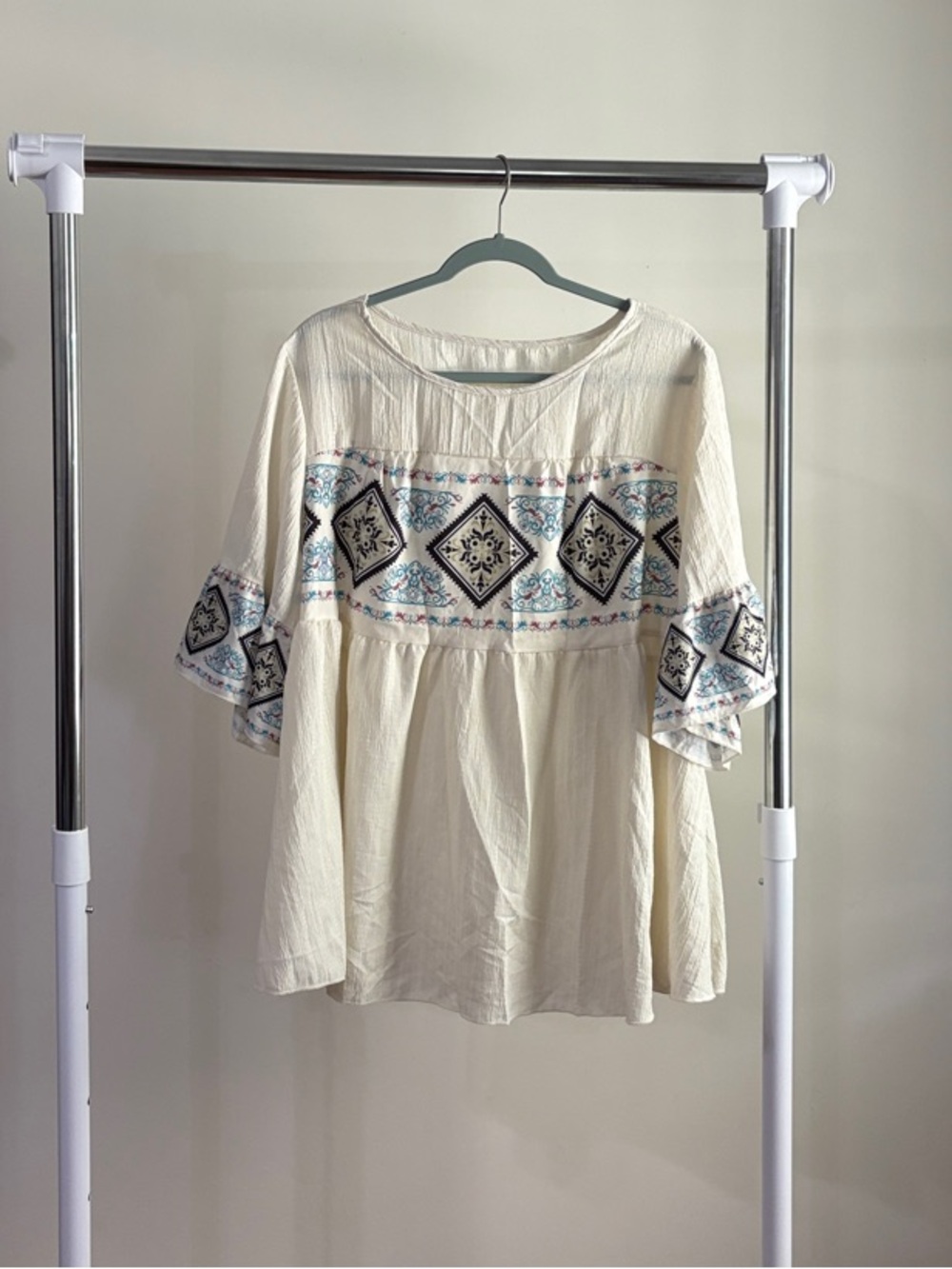 Boho Embroidered Ivory Peasant Top